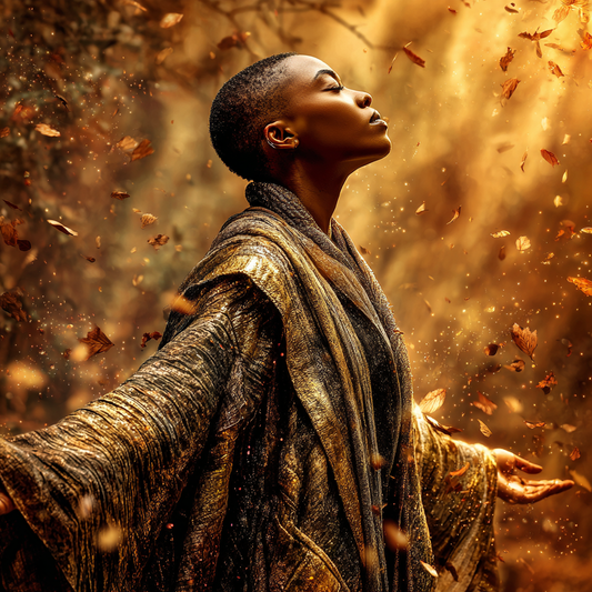 A woman with short hair in gold ceremonial robes, eyes closed, surrounded by falling autumn leaves and golden light in an Amber Aura Glow editorial style.