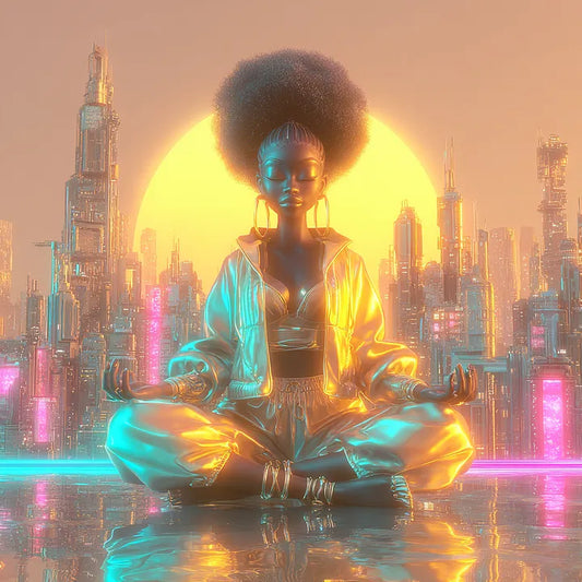 High-gloss 3D render of a seated figure in metallic clothing meditating before a large golden sun and a neon-lit futuristic skyline.