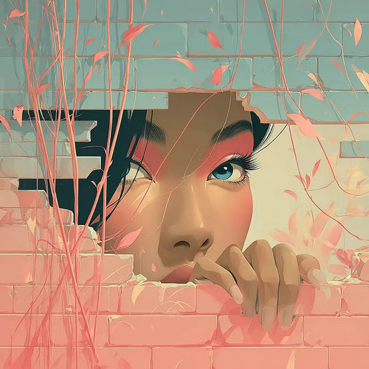 A woman with blue eyes and pink makeup looking through a hole in a light blue and pink brick wall entwined with vines.