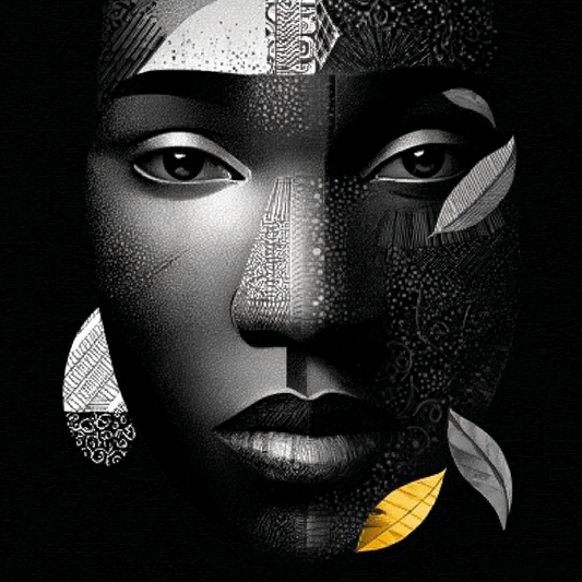 Monochrome stippled portrait featuring intricate geometric patterns on the skin with a single yellow leaf detail near the chin.