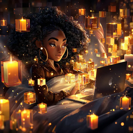 A close-up of a person looking at a laptop screen, framed by floating amber cubes and warm ambient lighting in a dark, atmospheric setting.