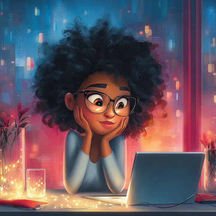 A woman with glasses and natural hair resting her chin on her hands while looking at a laptop in a cozy, lit workspace.