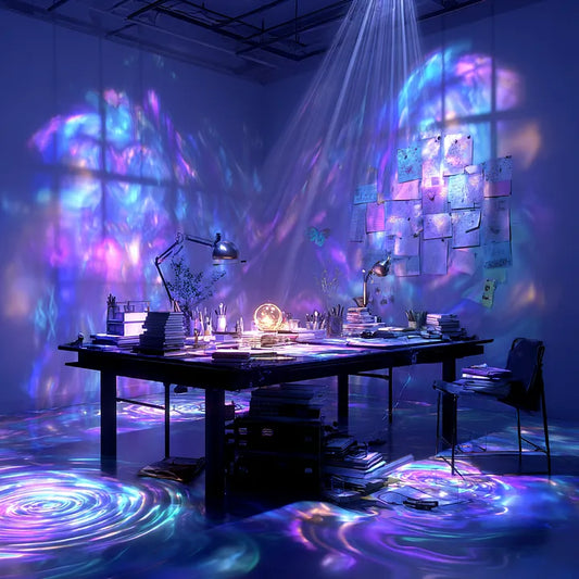 A creative workspace illuminated by vibrant purple and blue light projections resembling swirling energy clouds for the Luminous Workspace collection.