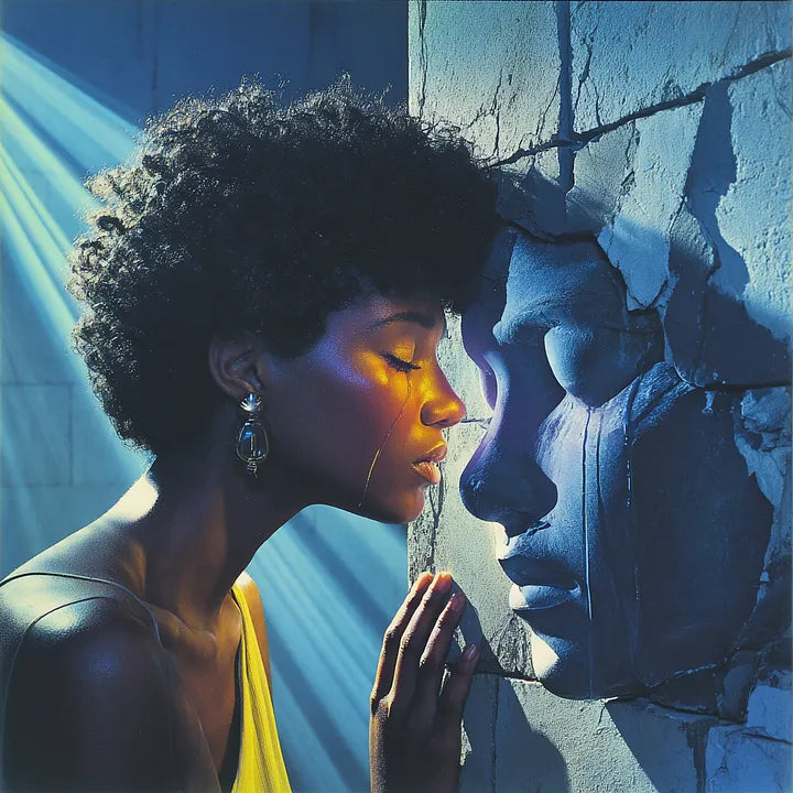 A person resting their forehead against a cracked stone monument with cinematic blue lighting and a warm yellow flare.