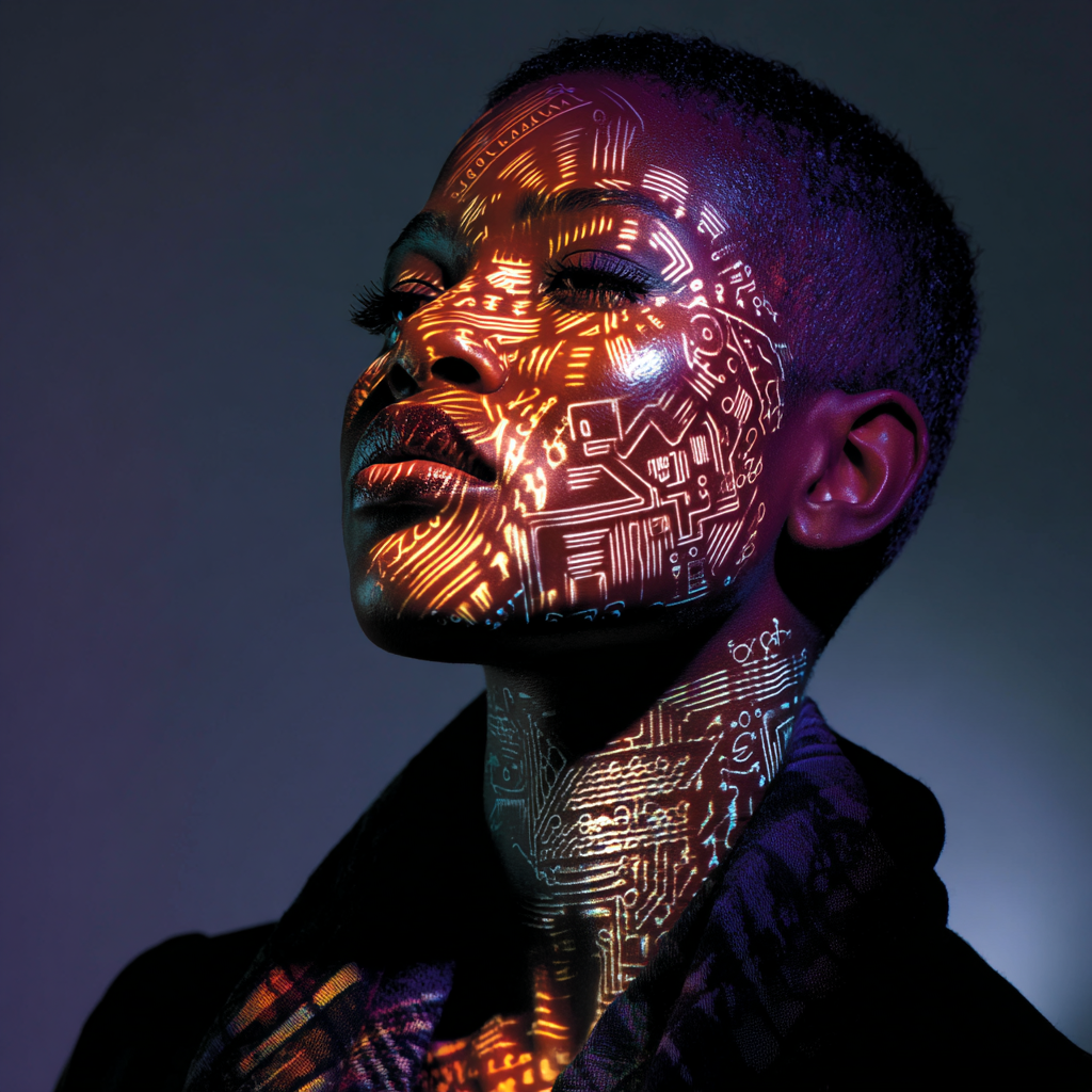 Cinematic close-up of a person with glowing golden circuitry and digital symbols projected across their face and neck in a dark setting.