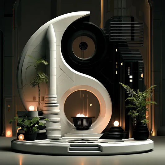 A minimalist black and white Yin-Yang architectural sculpture made from obsidian and ivory featuring a central fire bowl and manicured indoor plants in a modern gallery setting.