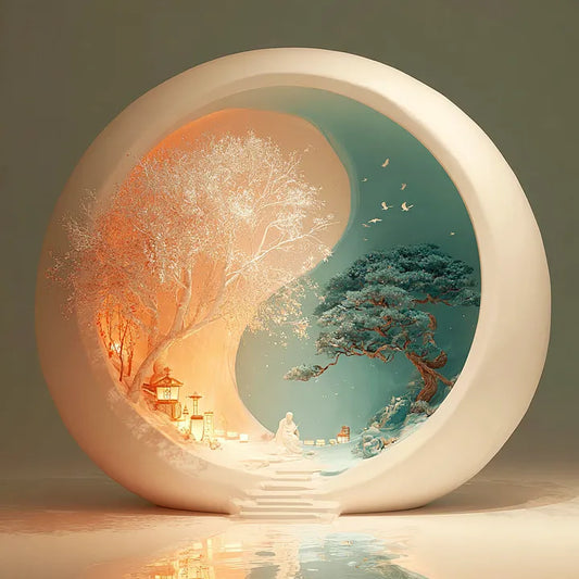 A smooth, cream-colored circular structure divided into a warm amber section with a white flowering tree and a cool teal section with a dark green pine. a romantic couple sits in the middle