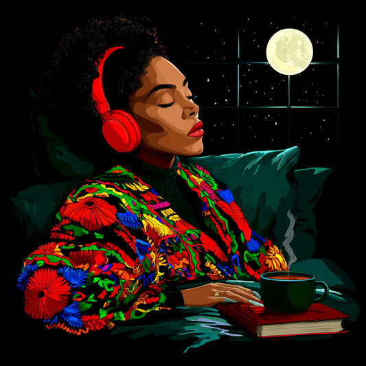 Digital illustration of a person wearing red headphones and a vibrant floral jacket resting against pillows under a full moon. Affirmed Visionary Art