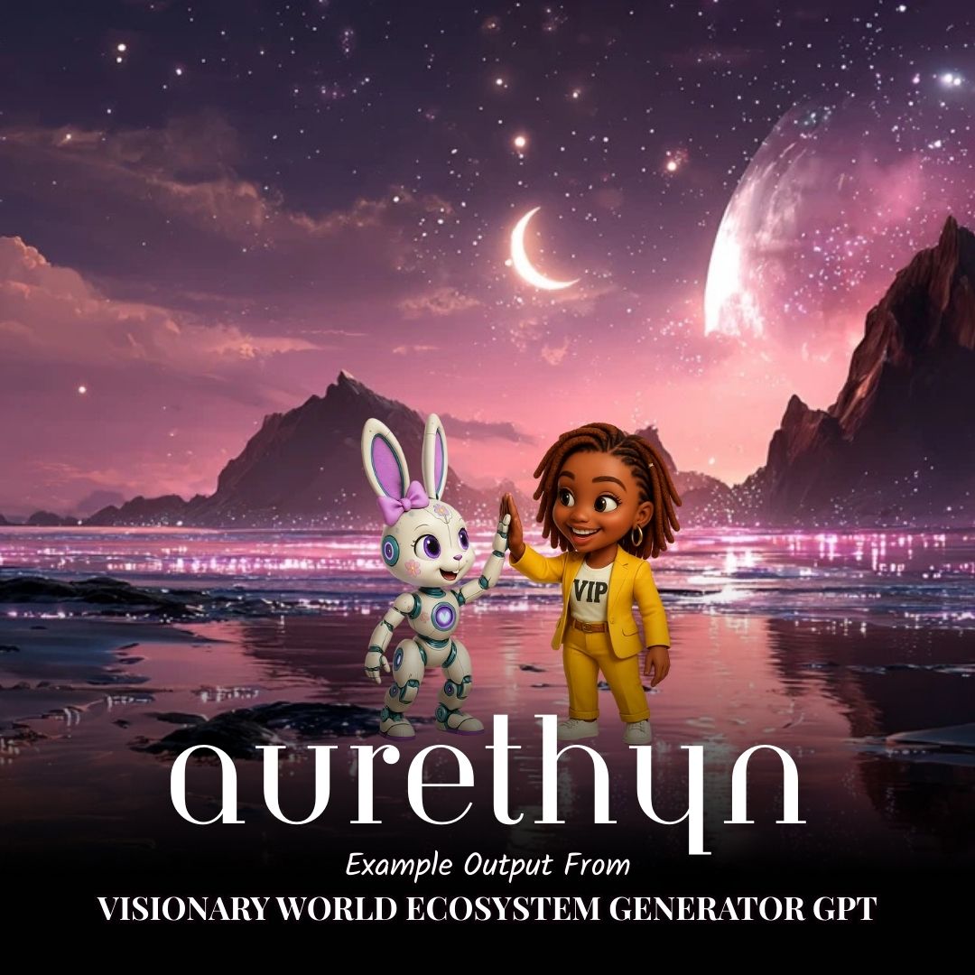 Affirmed Visionary AI assistant Eve and Pixi the rabbit hole mascot standing infront of a magical night time scene from the generator