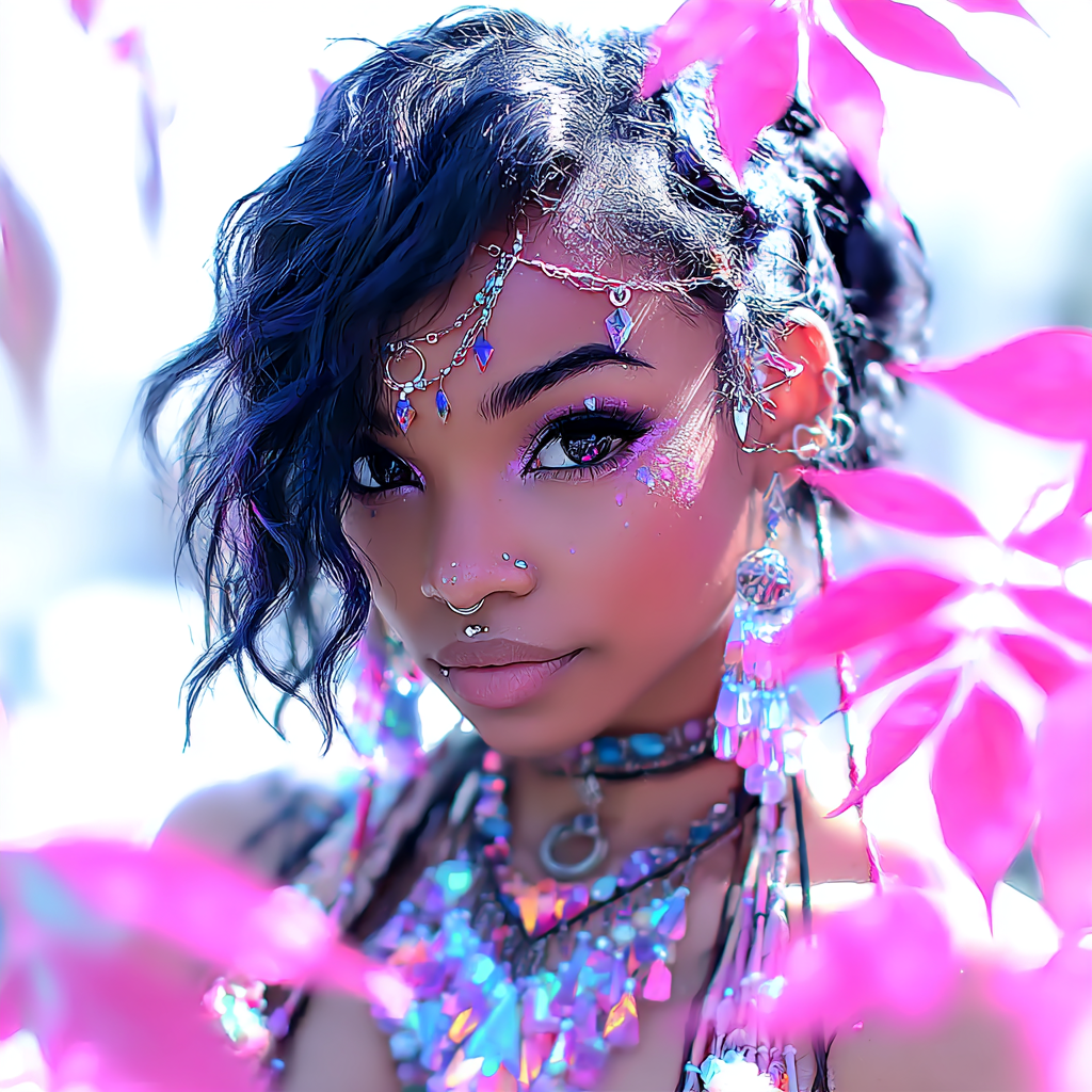 High-detail cinematic portrait of a woman with intricate silver head jewelry and pink botanical accents.