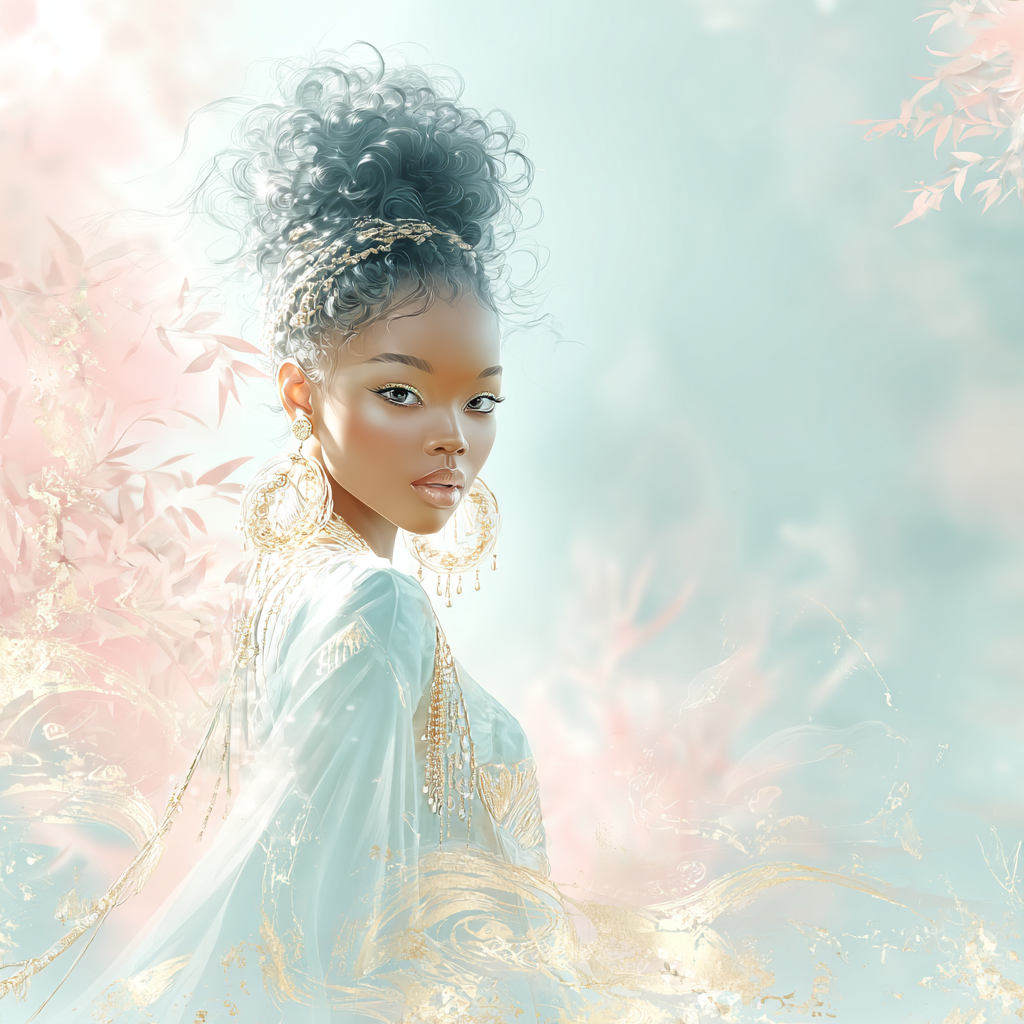 Ethereal light blue and gold digital illustration of a woman with large gold hoop earrings and high-volume hair.