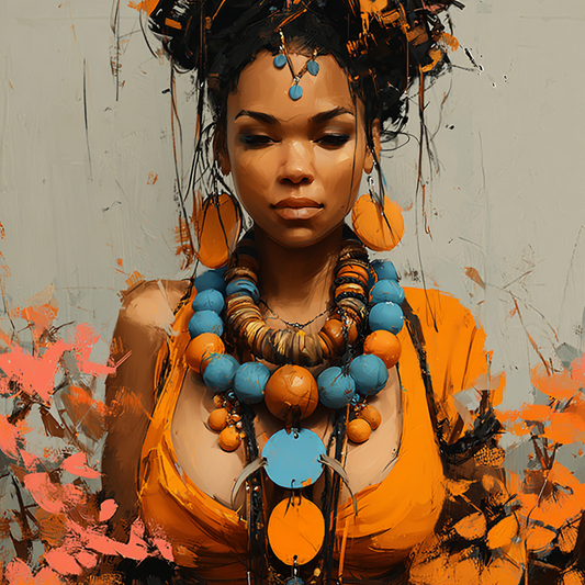 Textured digital oil painting of a woman adorned with layered blue and orange bead necklaces.