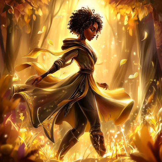 A woman with an afro in a dynamic golden dress walking through an illuminated autumnal forest.