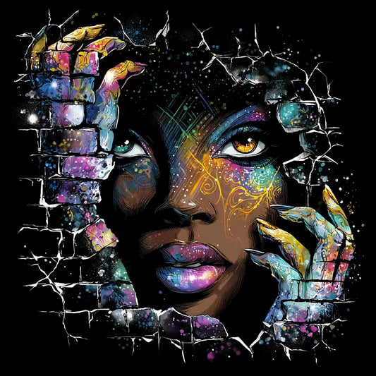 A woman with cosmic galaxy-themed makeup and glowing orange eyes peering through a shattered black brick wall.