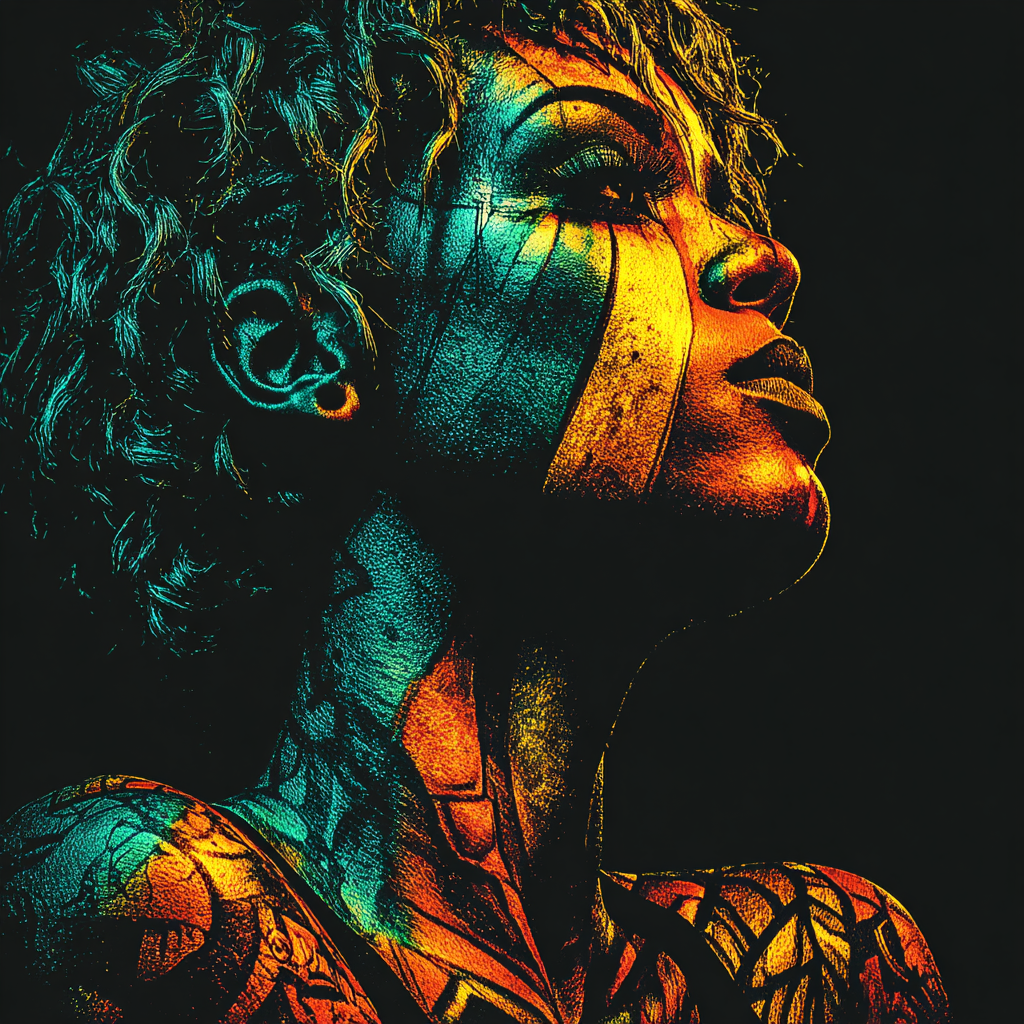 High-contrast editorial portrait with teal and amber lighting highlighting etched textures and physical patterns on the skin.