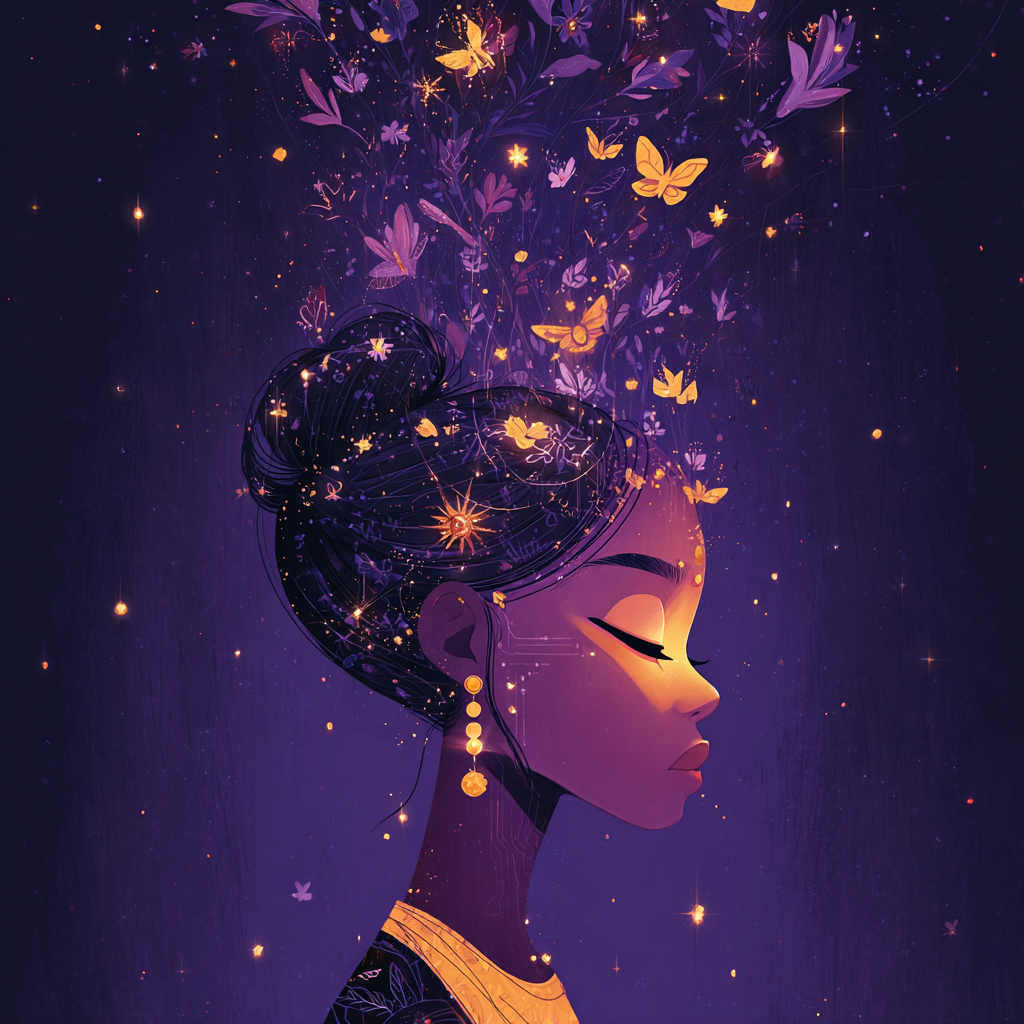 Digital art of a person in profile with glowing purple and gold flora and butterflies emerging from their dark hair against a deep violet background.