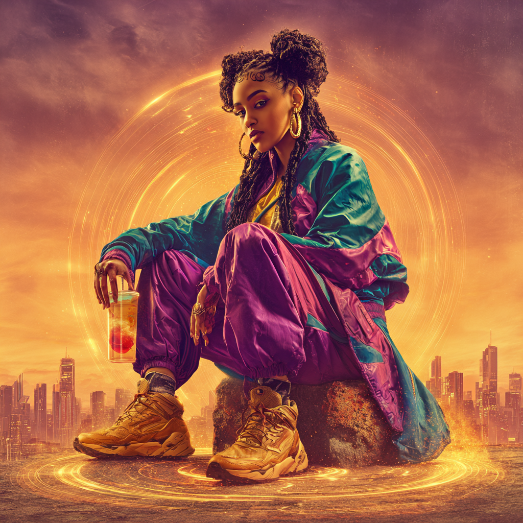 A seated woman in a teal and purple jacket framed by a golden halo overlooking a futuristic city skyline.