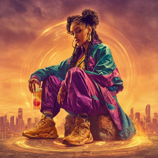 A seated woman in a teal and purple jacket framed by a golden halo overlooking a futuristic city skyline.