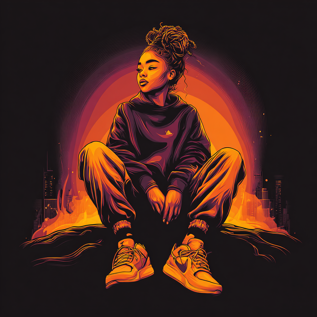 A stylized digital illustration of a seated figure in silhouette against a warm sun motif and urban skyline.