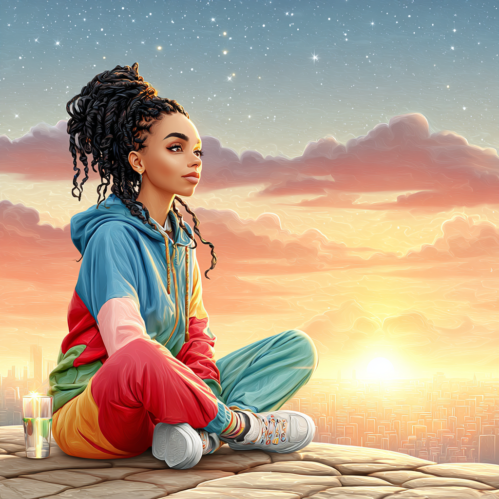 A creative portrait of a seated woman in a colorful hoodie looking out over a sunlit city at dawn under a starry sky.
