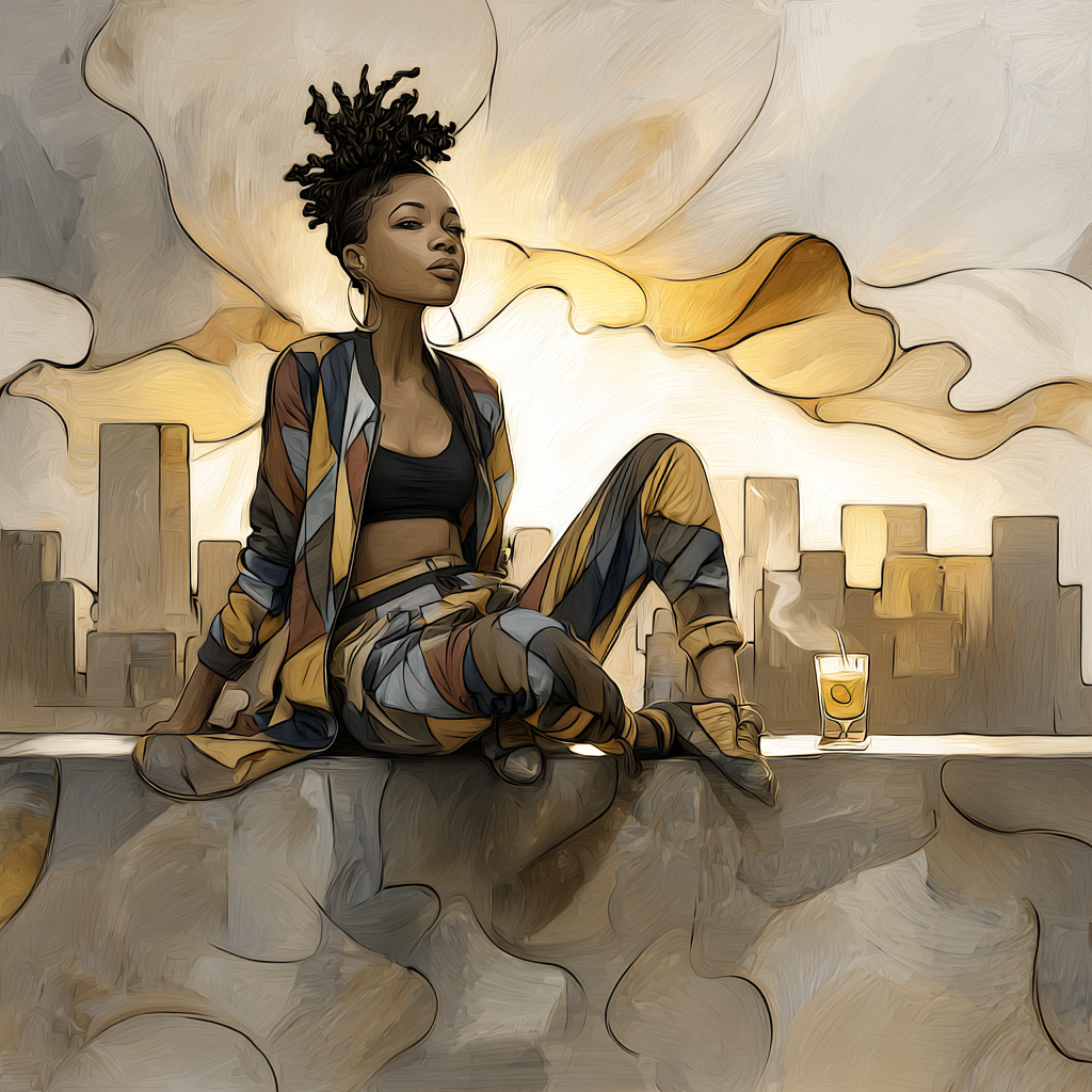 An artistic illustration of a woman in patterned apparel seated on a stone ledge with a hazy skyscraper background.