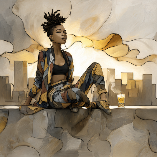 An artistic illustration of a woman in patterned apparel seated on a stone ledge with a hazy skyscraper background.