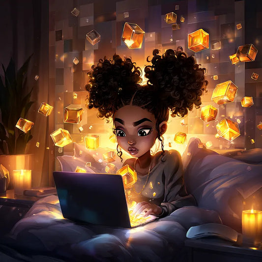 A person with dark hair in buns sits in bed with a laptop, surrounded by glowing golden cubes and soft candlelight in a cinematic room.