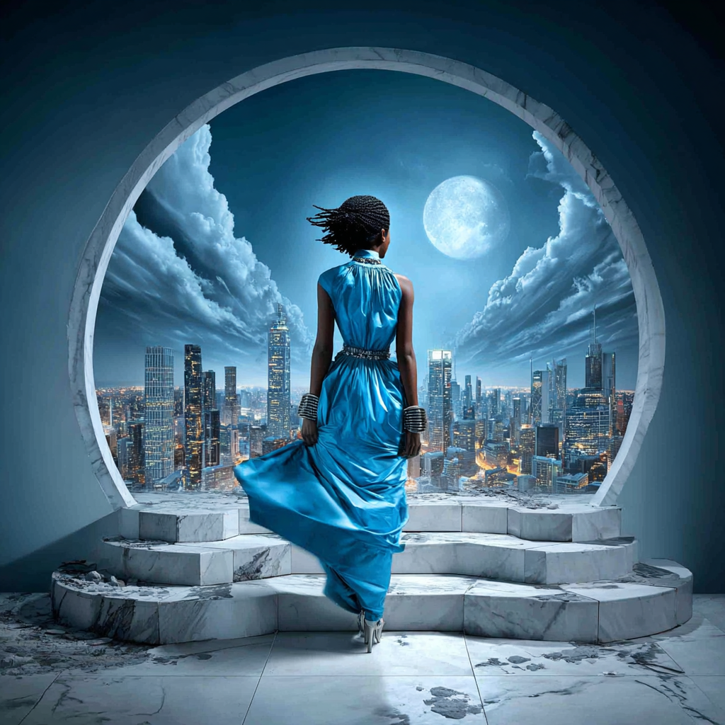 A woman in a vibrant blue silk dress standing within a large circular marble window overlooking a moonlit city skyline.