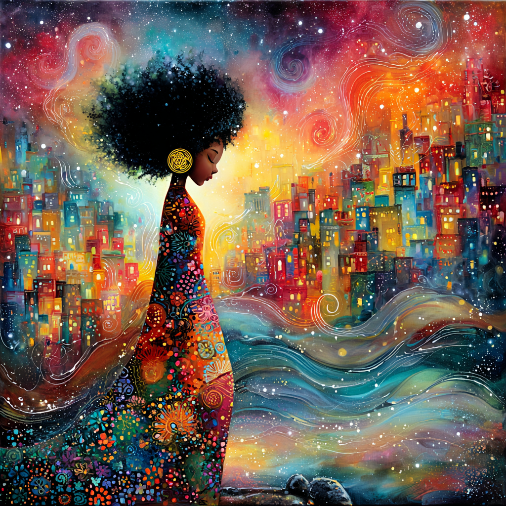 Artistic portrait of a woman in a patterned dress against a vibrant, painterly cityscape with swirling celestial colors.