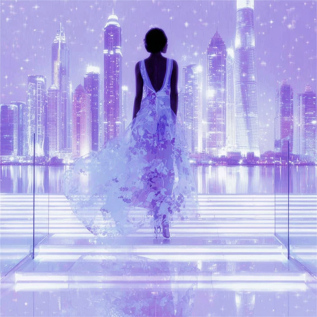 Rear view of a woman in a sheer lace dress walking up illuminated glass stairs toward a glowing skyscraper skyline at night.
