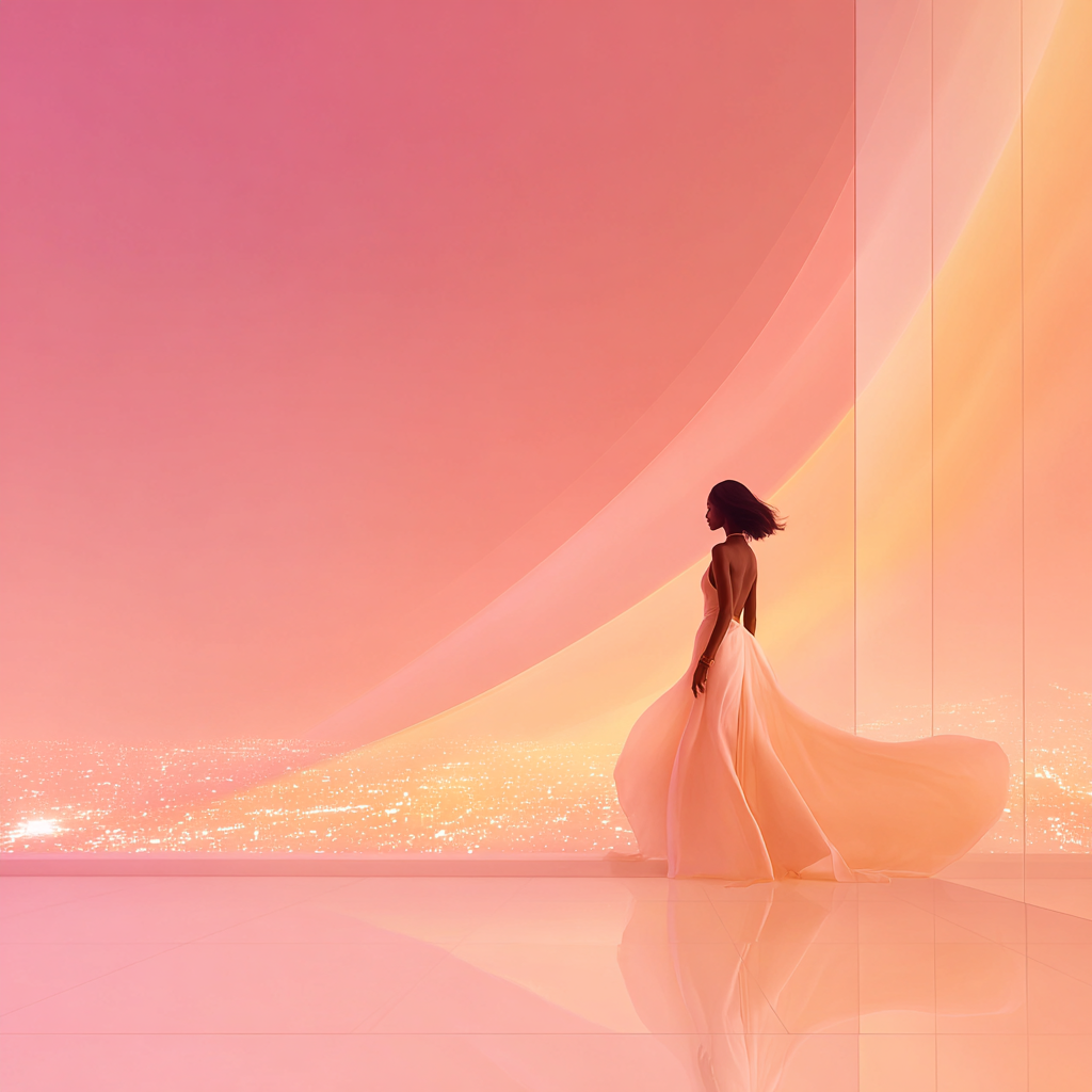 A woman in a flowing peach gown standing on a high-altitude balcony overlooking a glowing city at sunset.