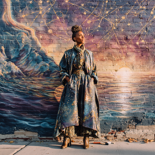 A person in a star-patterned coat stands before a cosmic-themed brick mural with golden celestial lines and celestial motifs.