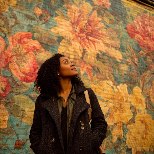 A person looks upward while standing against a vibrant wall mural featuring large orange and yellow botanical illustrations.
