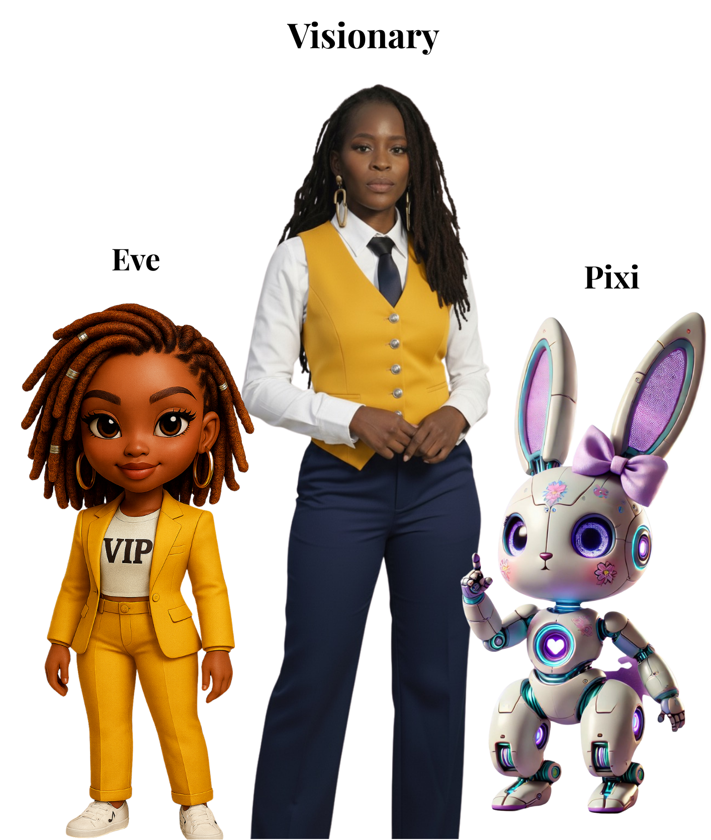 Three dolls labeled 'Eve', 'Visionary', and 'Pixi' on a white background.