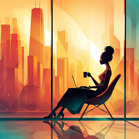 Illustration of a woman sitting in a modern chair with a laptop, set against a vibrant orange and yellow city skyline reflected on a polished floor.