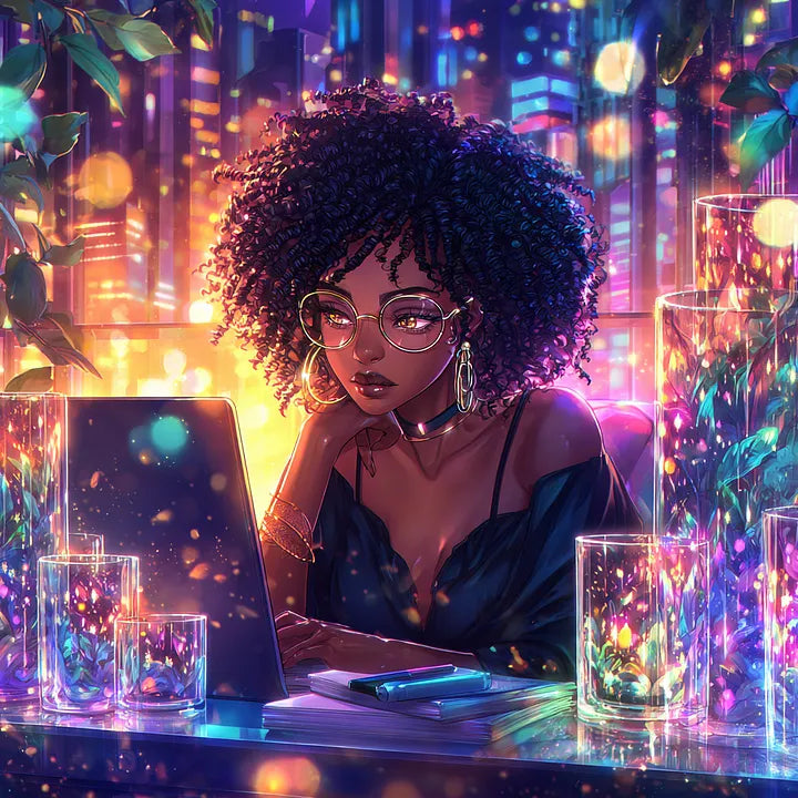 A woman focusing on a laptop screen at a desk surrounded by tall, glowing glass vases and a blurred urban night view.