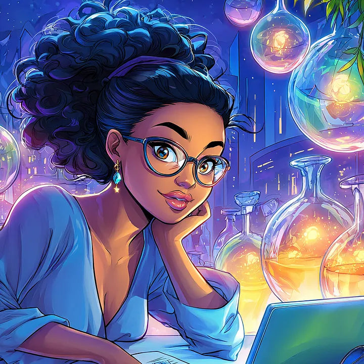 A woman with a blue headband and glasses in a vibrant, stylized workspace filled with colourful glowing glass vessels working on a laptop