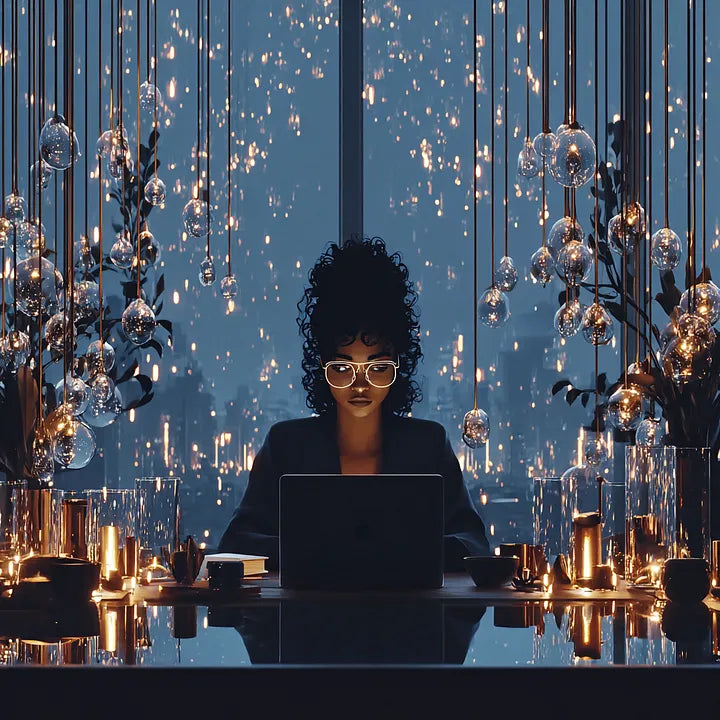 A woman at a desk with a laptop centered between hanging glass ornaments and soft, ambient background lights.