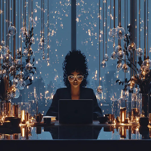 A woman at a desk with a laptop centered between hanging glass ornaments and soft, ambient background lights.