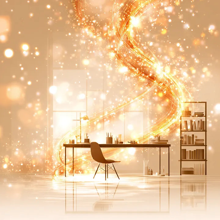 A minimalist room featuring a desk surrounded by shimmering golden light trails and glowing particles in a Luminous Workspace.