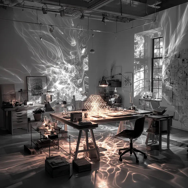 A modern studio with monochrome light refractions and caustic patterns projected across a desk and walls in a Luminous Workspace setting.