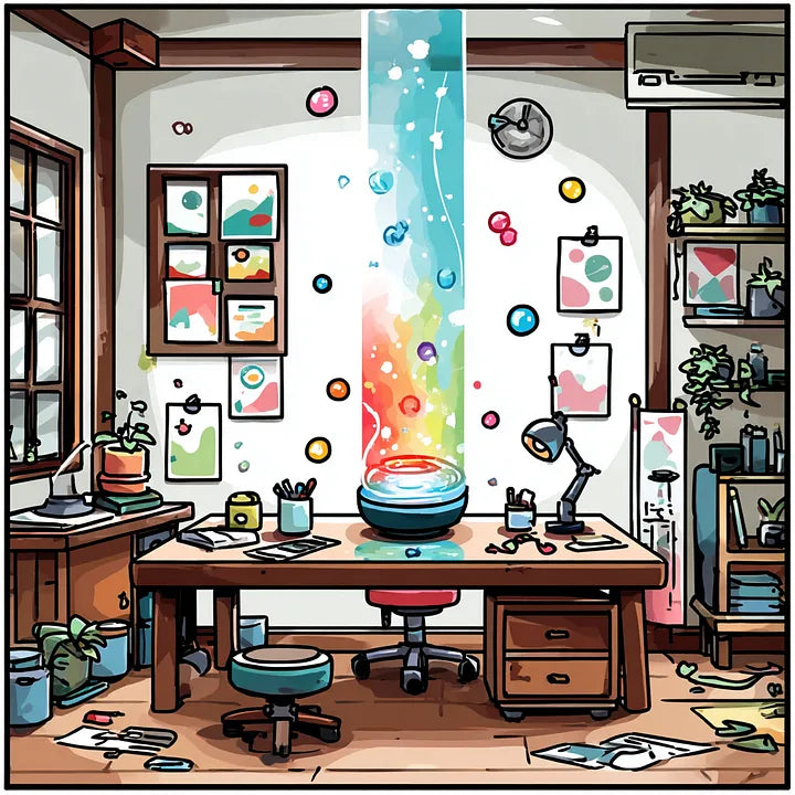 A stylized illustration of a creative desk with a vertical beam of colorful light and floating bubbles in a Luminous Workspace theme.