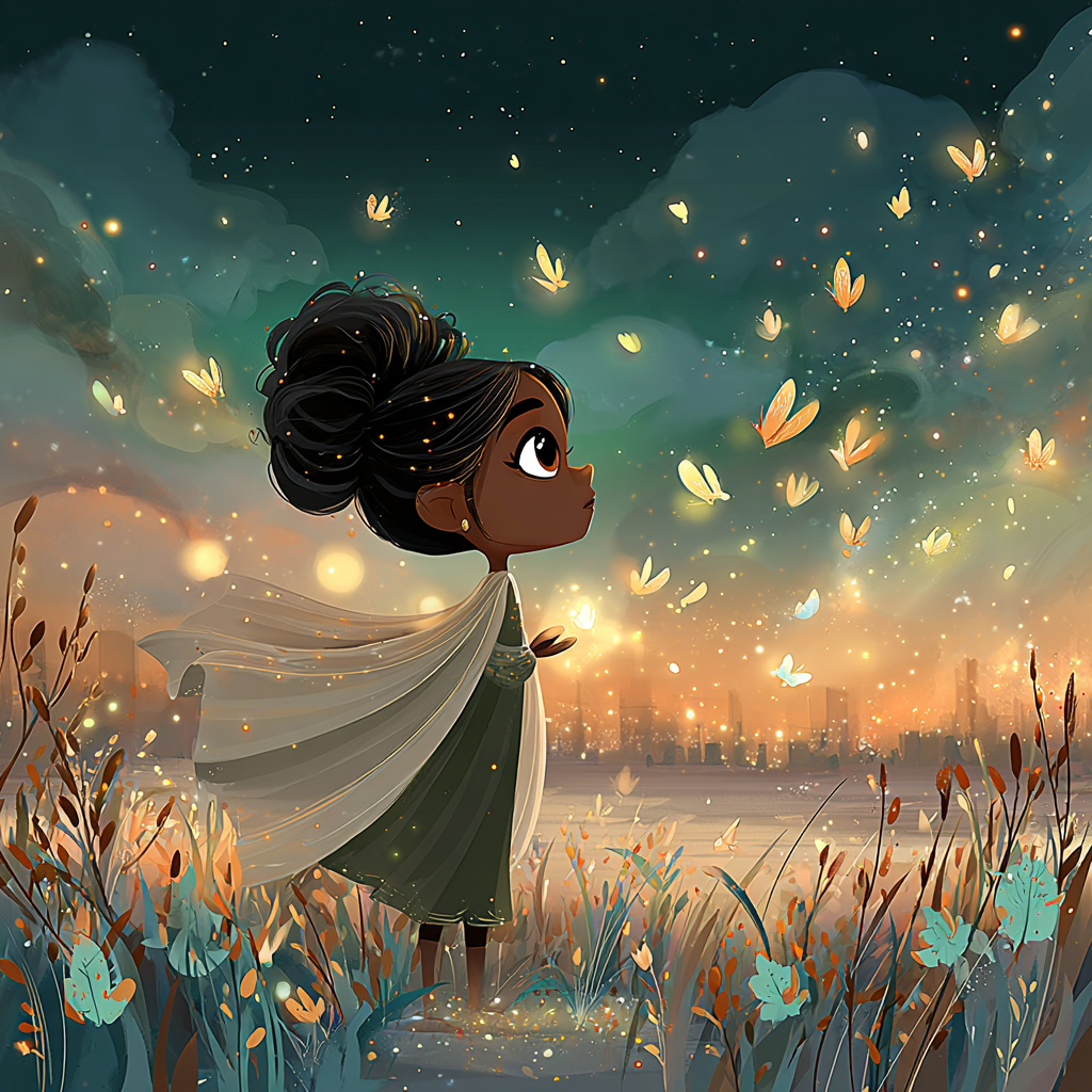 Stylized digital illustration of a young woman watching glowing butterflies against a city sunset in the Ethereal Metamorphosis collection.