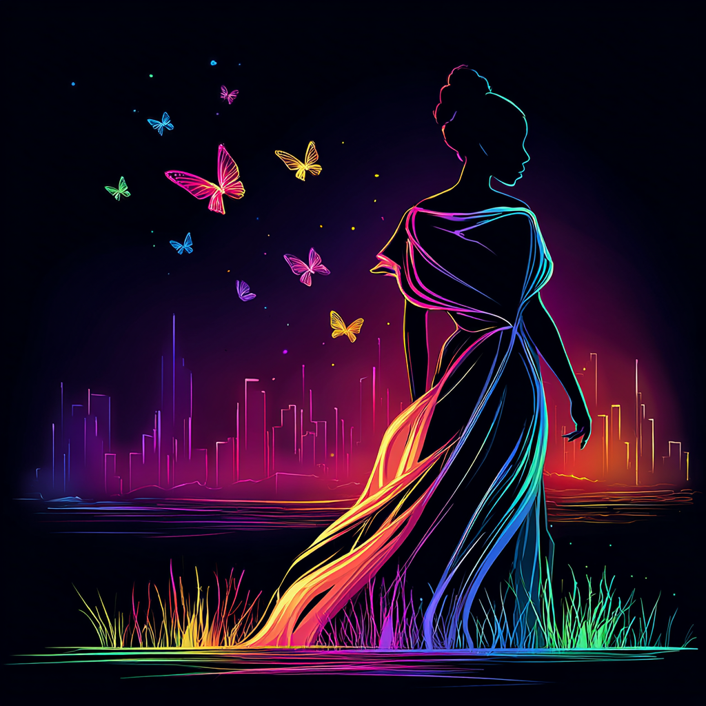 Vibrant neon line art of a woman in a flowing gown surrounded by colorful butterflies and a city skyline, Soft Life aesthetic.
