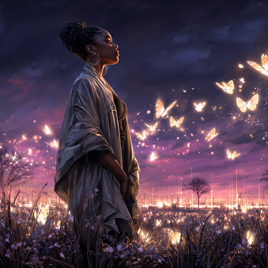 Painterly portrait of a woman in a field at dusk as glowing butterflies ascend toward a purple sky.