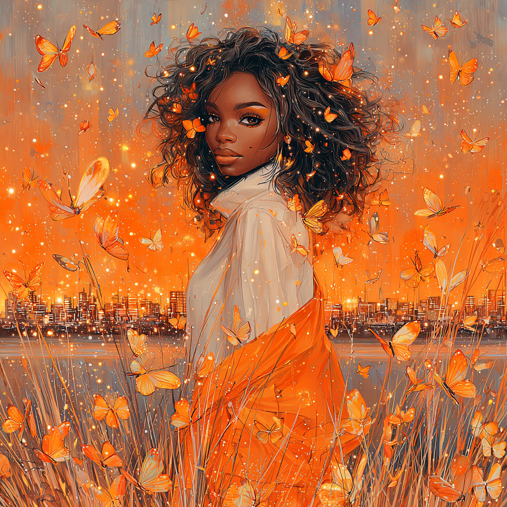 Artistic digital painting of a woman with voluminous hair surrounded by a swarm of orange butterflies against an urban backdrop.