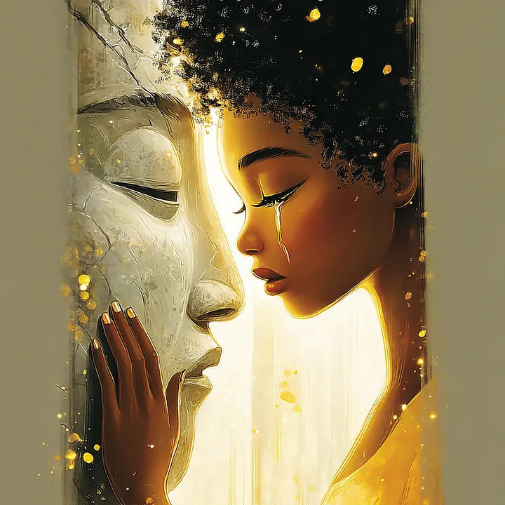 Close-up of a person with dark curly hair and a gold-toned tear touching a stone sculpture under warm light.