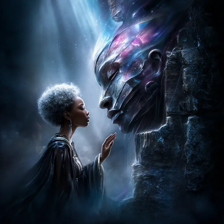 A profile view of a person with silver hair looking at a cosmic-textured stone face in ethereal blue light.