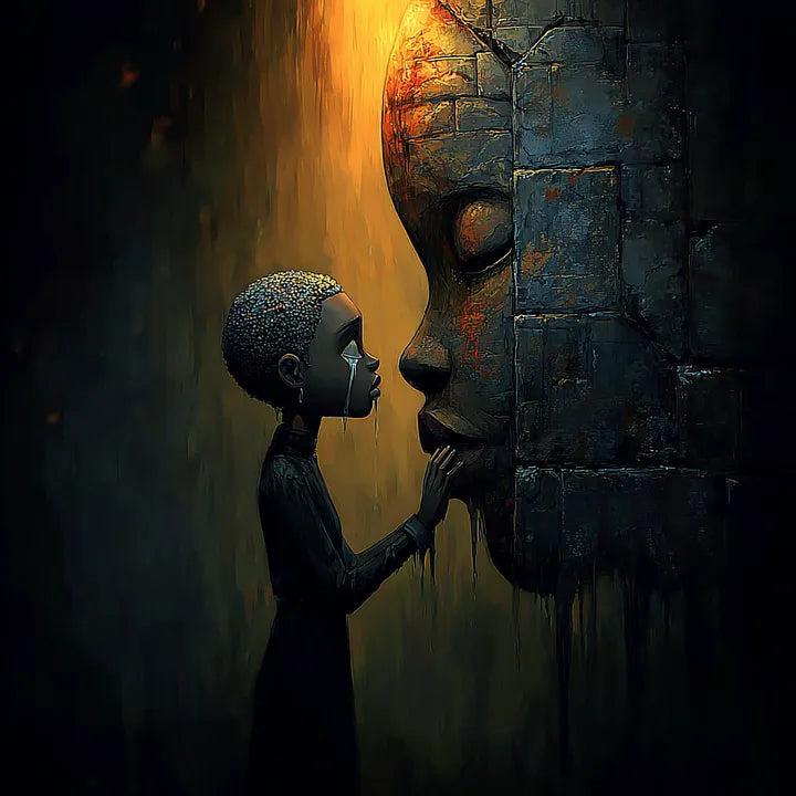 Silhouette of a person facing a large, weathered stone head with atmospheric warm backlighting in a dark space.