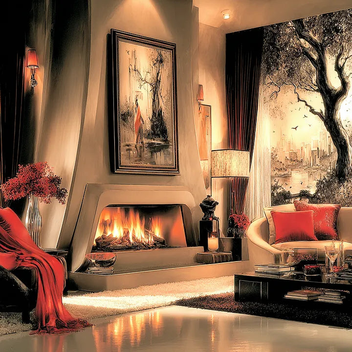 An elegant modern living room with warm lighting, a sleek fireplace, and a large window overlooking a city skyline at sunset.